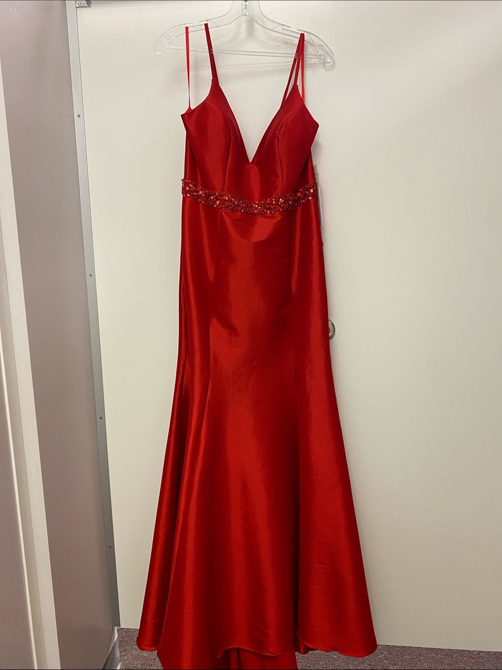 Red Satin Prom Dress with Beaded Waist
